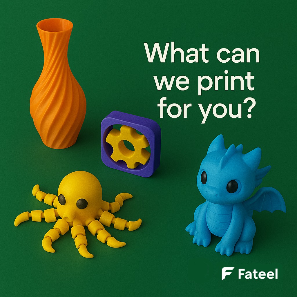Colorful 3D printed vase, gear puzzle, octopus toy and dragon figurine on a green background